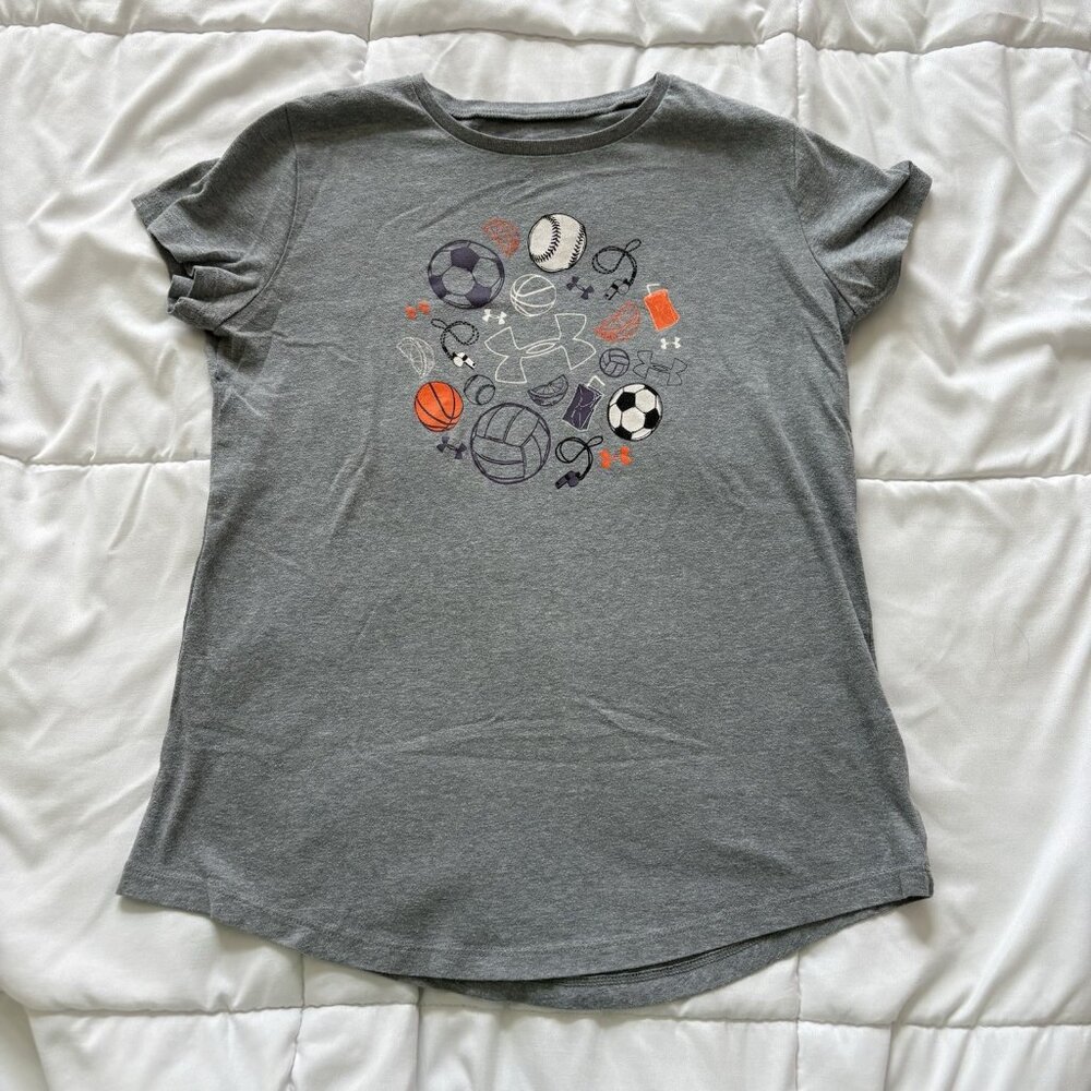 Under Armour Youth Girls Large Gray T Shirt Tee Heatgear Loose Activewear